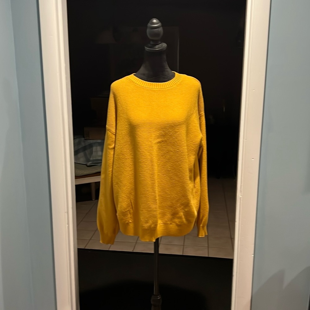 Merokeety, large, woman’s, mustard color sweater. 70% rayon / 30% acrylic. Soft!
